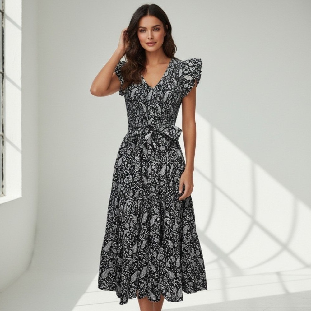 Cleobella Black White Paisley Organic Cotton Metallic Lurex Midi Dress sz Small